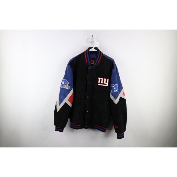 Vintage 90s Mens Large Distressed Quilted Suede Leather New York Giants Jacket